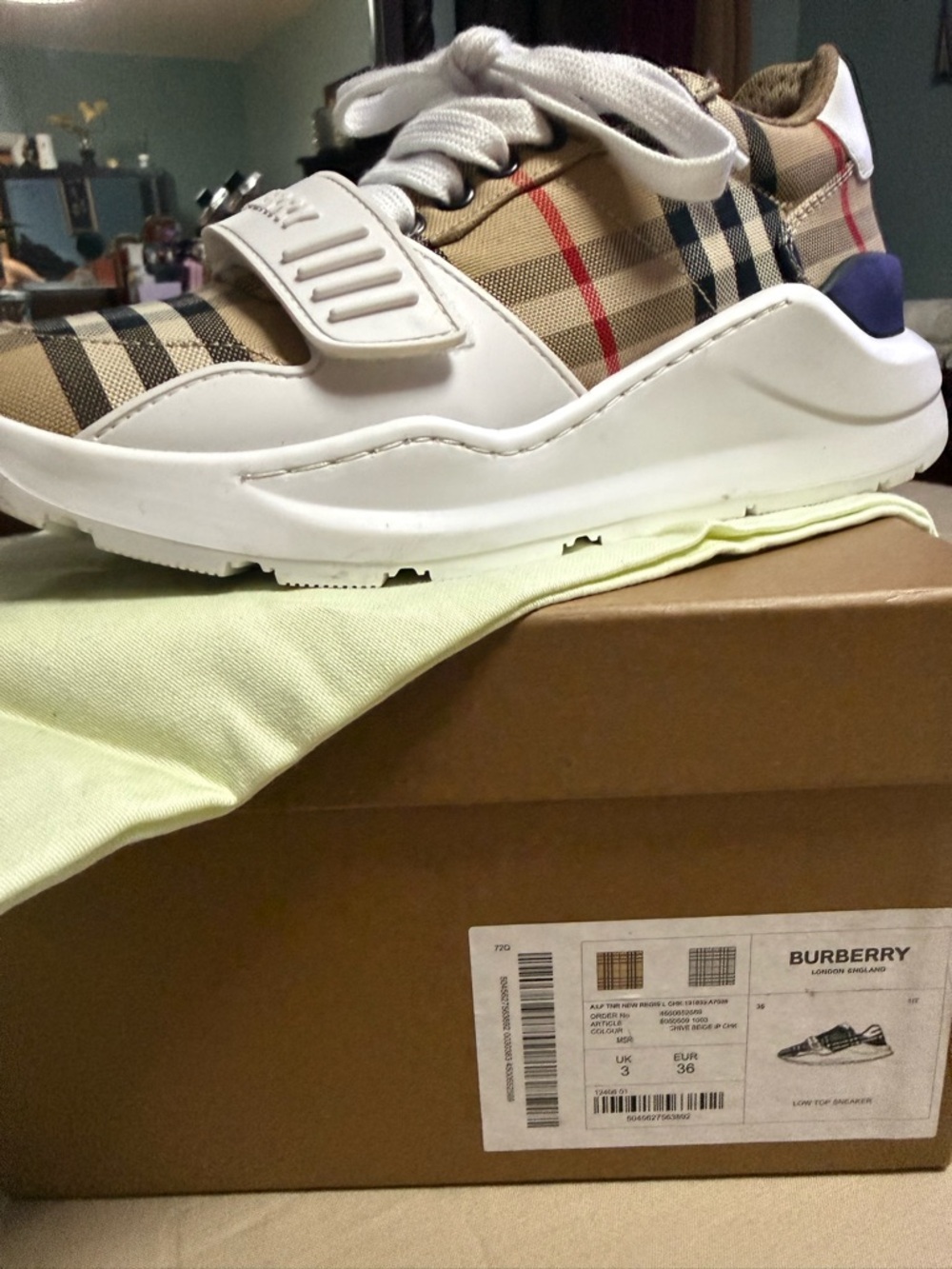 Burberry Beige Check Low-Top Sneaker with White Leather - Picture 2 of 5